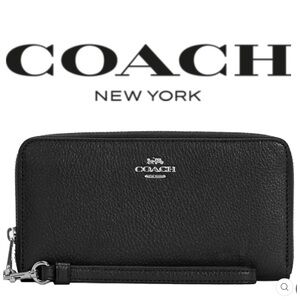 Coach Pebble Leather Long Zip Around Black Silver Wallet